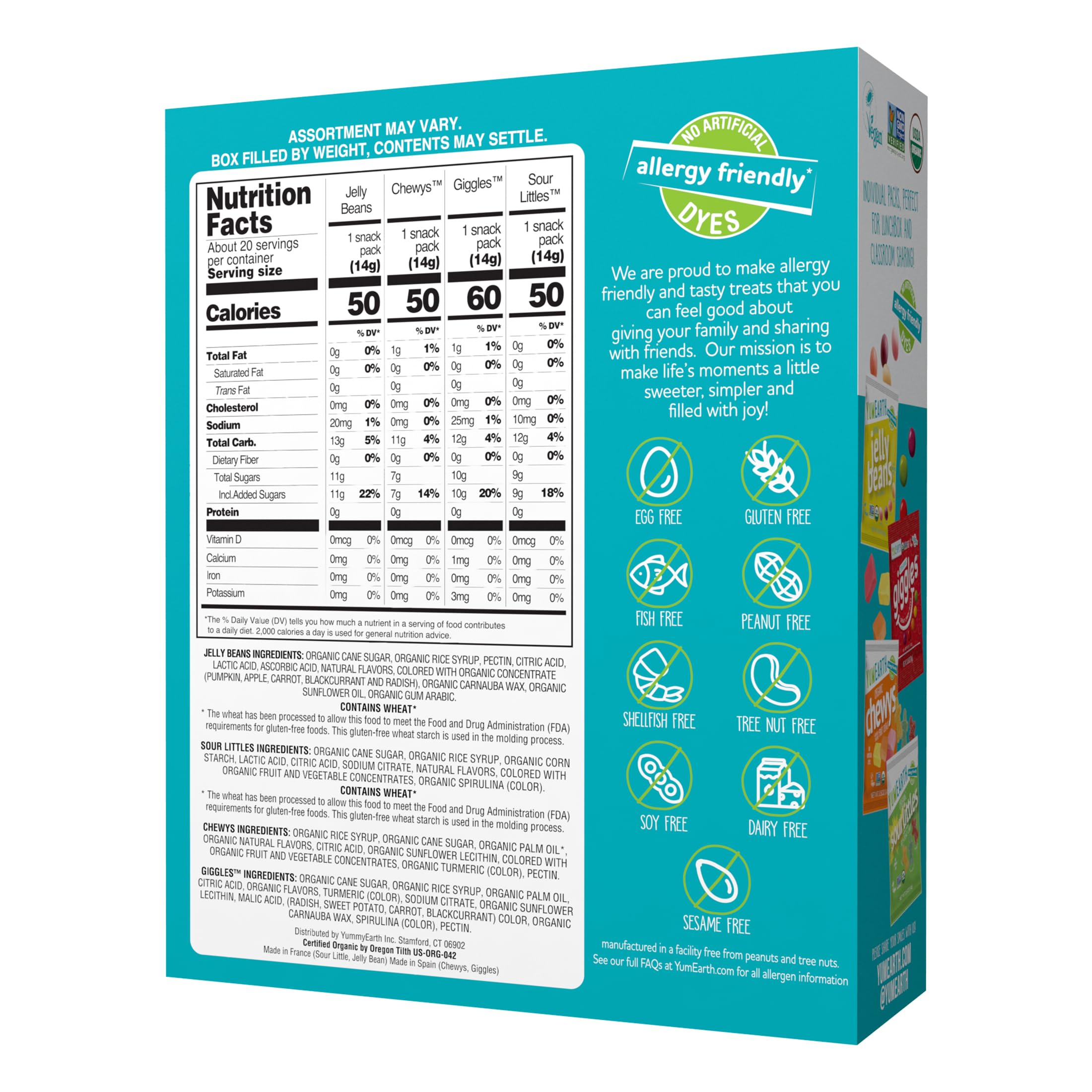 Top Rated YumEarth Organic Variety Box - Jelly Beans, Giggles, Chewys, Sour Littles - Top 9 Allergen Free, No Artificial Dyes, Non-GMO, Gluten Free, Vegan, Individually Wrapped