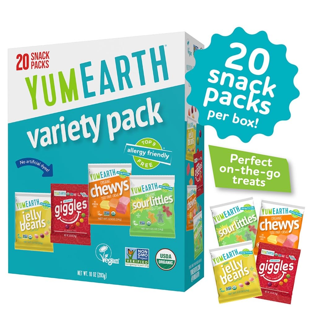 Top Rated YumEarth Organic Variety Box - Jelly Beans, Giggles, Chewys, Sour Littles - Top 9 Allergen Free, No Artificial Dyes, Non-GMO, Gluten Free, Vegan, Individually Wrapped