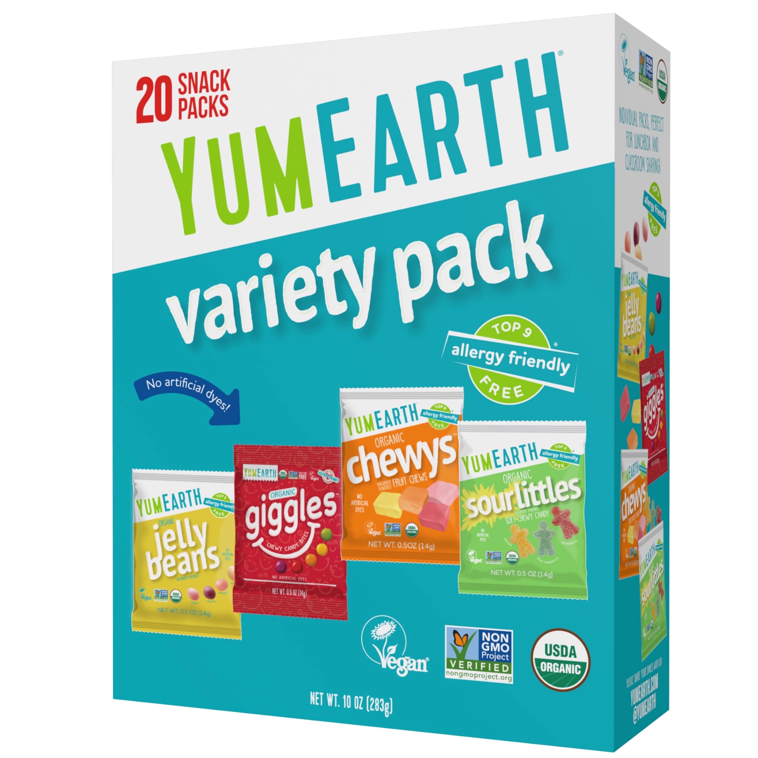 Top Rated YumEarth Organic Variety Box - Jelly Beans, Giggles, Chewys, Sour Littles - Top 9 Allergen Free, No Artificial Dyes, Non-GMO, Gluten Free, Vegan, Individually Wrapped