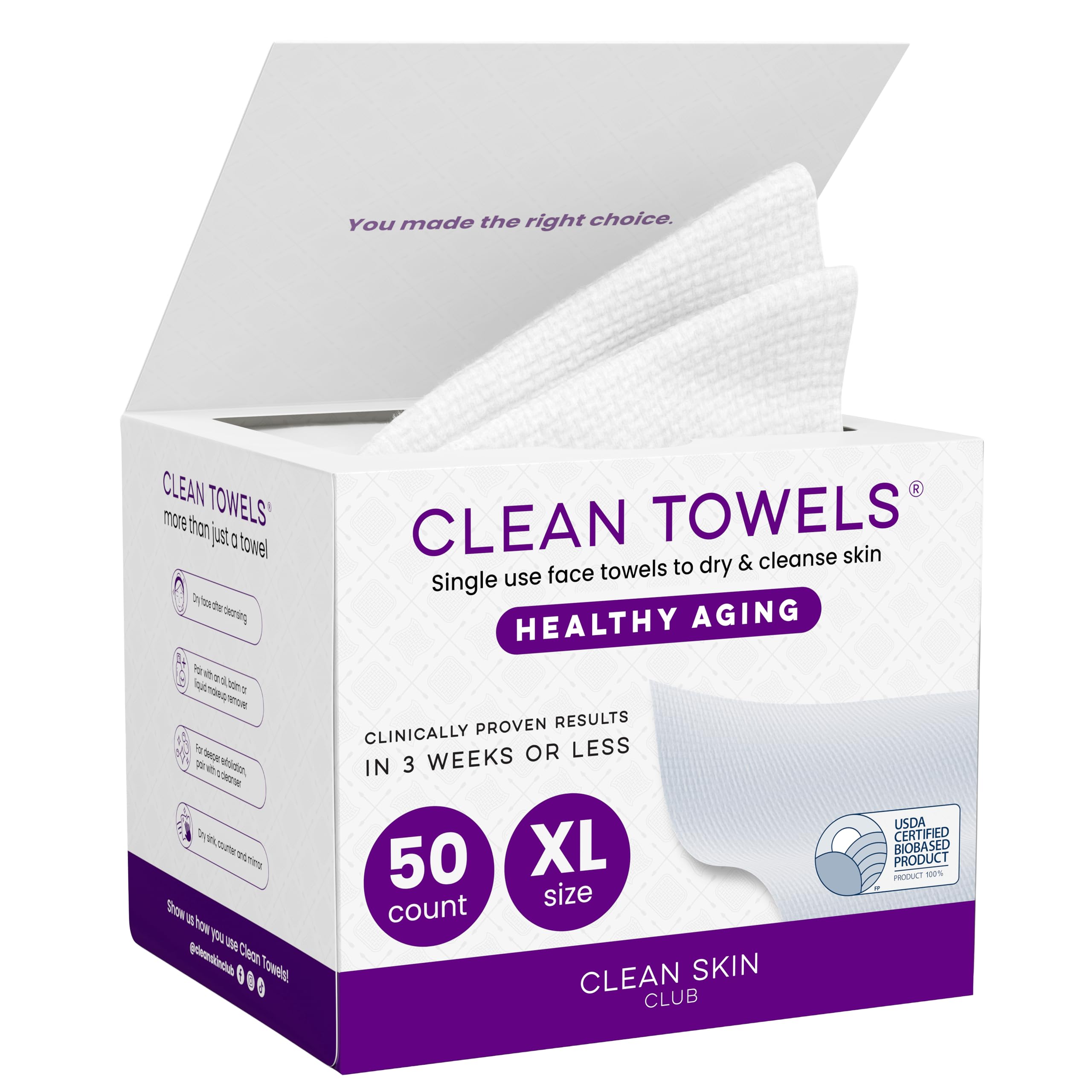 Best CLEAN SKIN CLUB Healthy Aging Clean Towels® XL, Reduces Fine Lines, Wrinkles & Texture, Disposable XL Face Wipes - 1 Pack (50 Count)