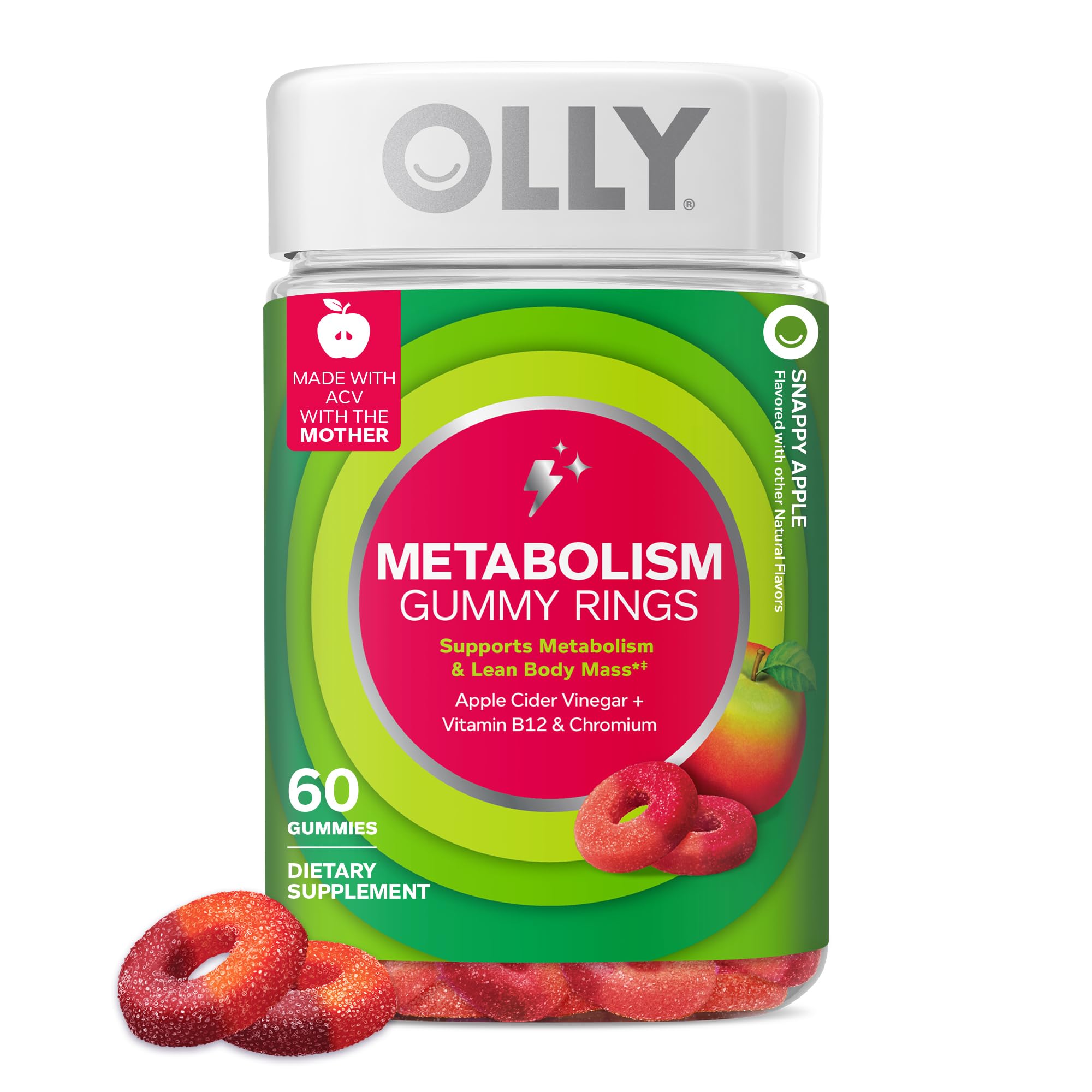 Best Price OLLY Metabolism Gummy Rings with Apple Cider Vinegar, Vitamin B12, and Chromium for Energy & Digestive Health, Apple Flavor, 30 Count