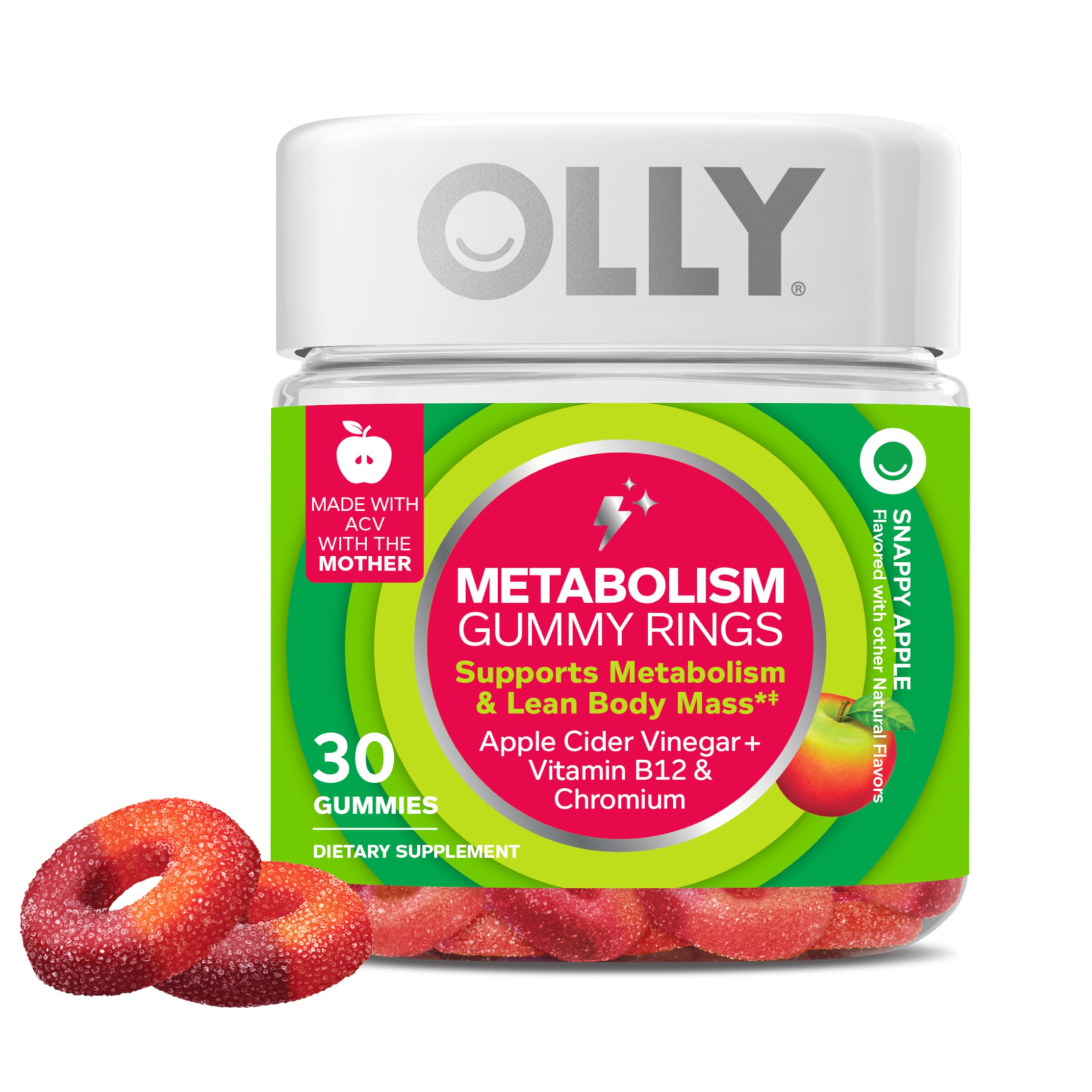 Best Price OLLY Metabolism Gummy Rings with Apple Cider Vinegar, Vitamin B12, and Chromium for Energy & Digestive Health, Apple Flavor, 30 Count