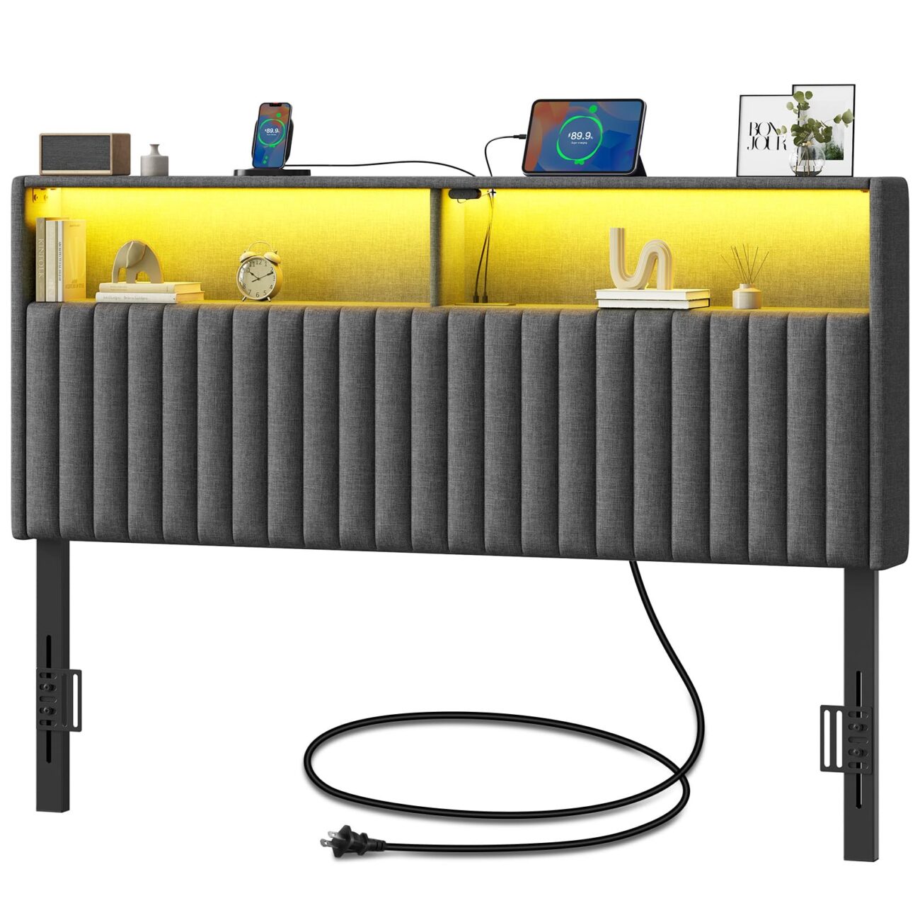 "Best Price Rolanstar Twin Size Velvet Upholstered Headboard with Storage, USB & Type C Ports, 60,000 DIY LED Colors, Height Adjustable, Sturdy, Easy Assembly, Grey"