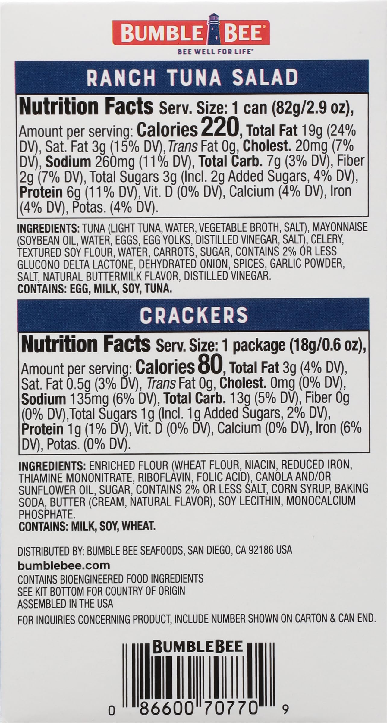 Discount Bumble Bee Snack On The Run Original Tuna Salad & Crackers Kit (3 Pack) - Ready-to-Eat Protein Snack, 8g Protein per Box, Wild Caught MSC Certified Tuna