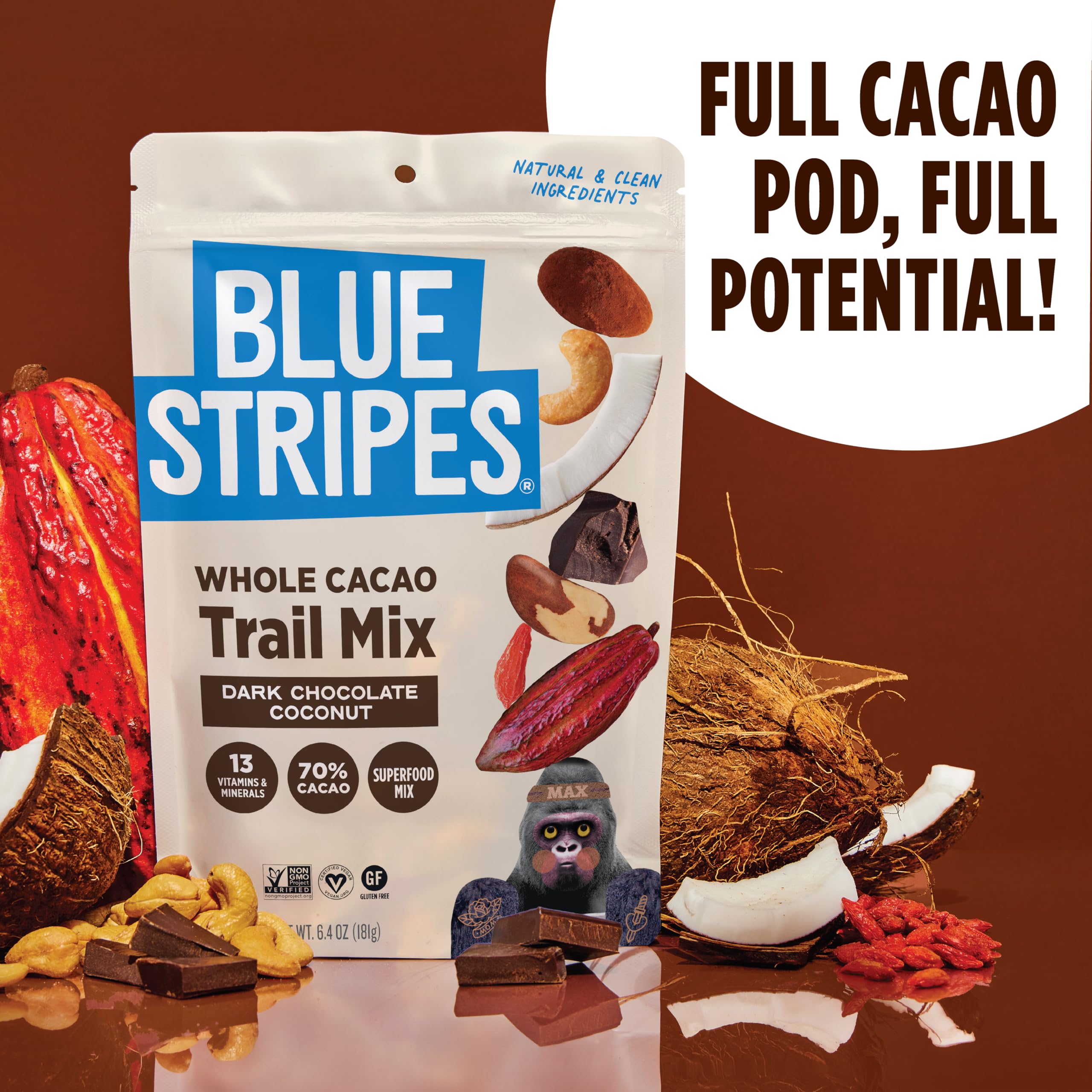 Top Rated Blue Stripes Trail Mix - Dark Chocolate Coconut, Mixed Nuts, Cashews, 70% Cacao, Unrefined Sugar, Non-GMO, Gluten-Free, Vegan, Healthy Snacks for Adults, 2 Pack (8