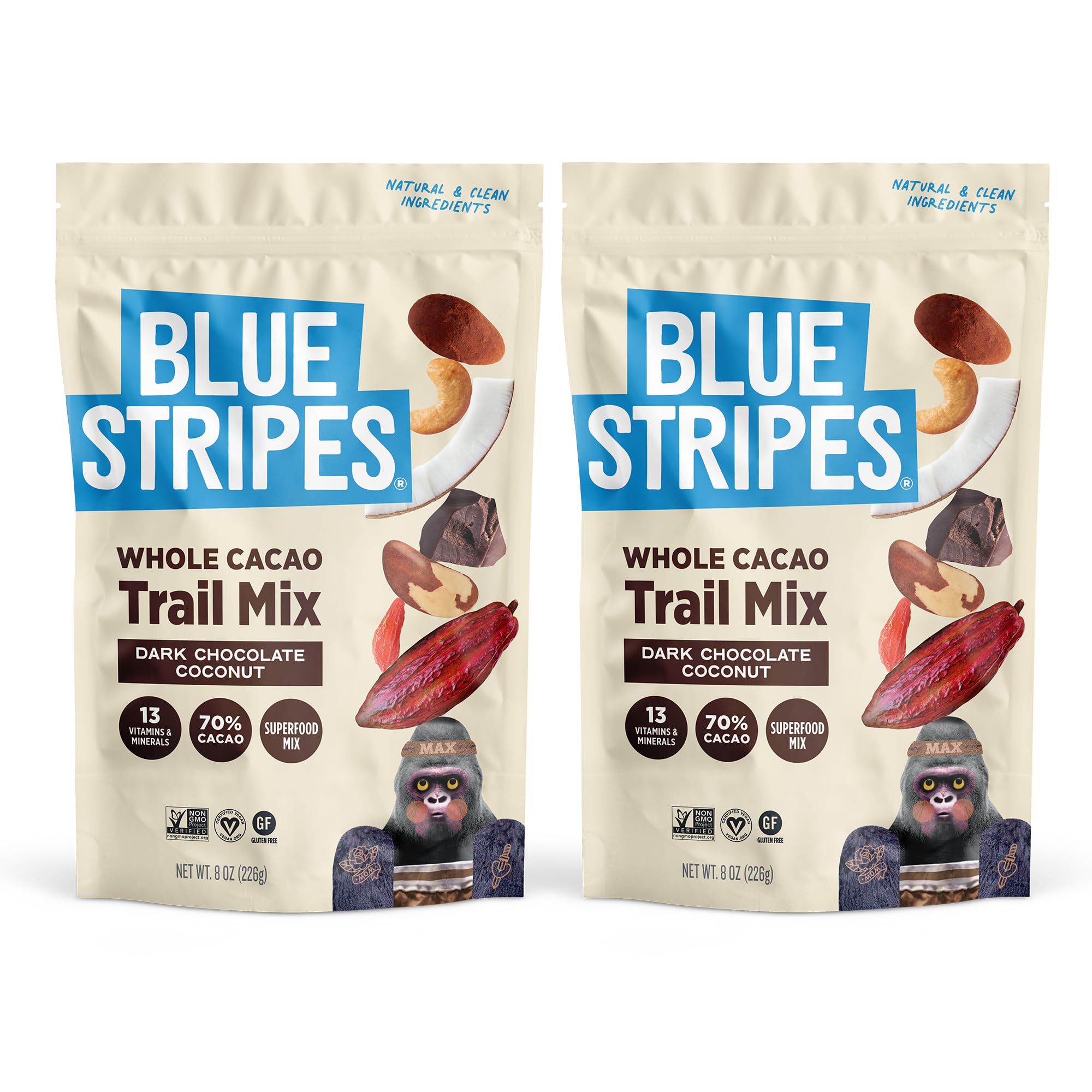 Top Rated Blue Stripes Trail Mix - Dark Chocolate Coconut, Mixed Nuts, Cashews, 70% Cacao, Unrefined Sugar, Non-GMO, Gluten-Free, Vegan, Healthy Snacks for Adults, 2 Pack (8