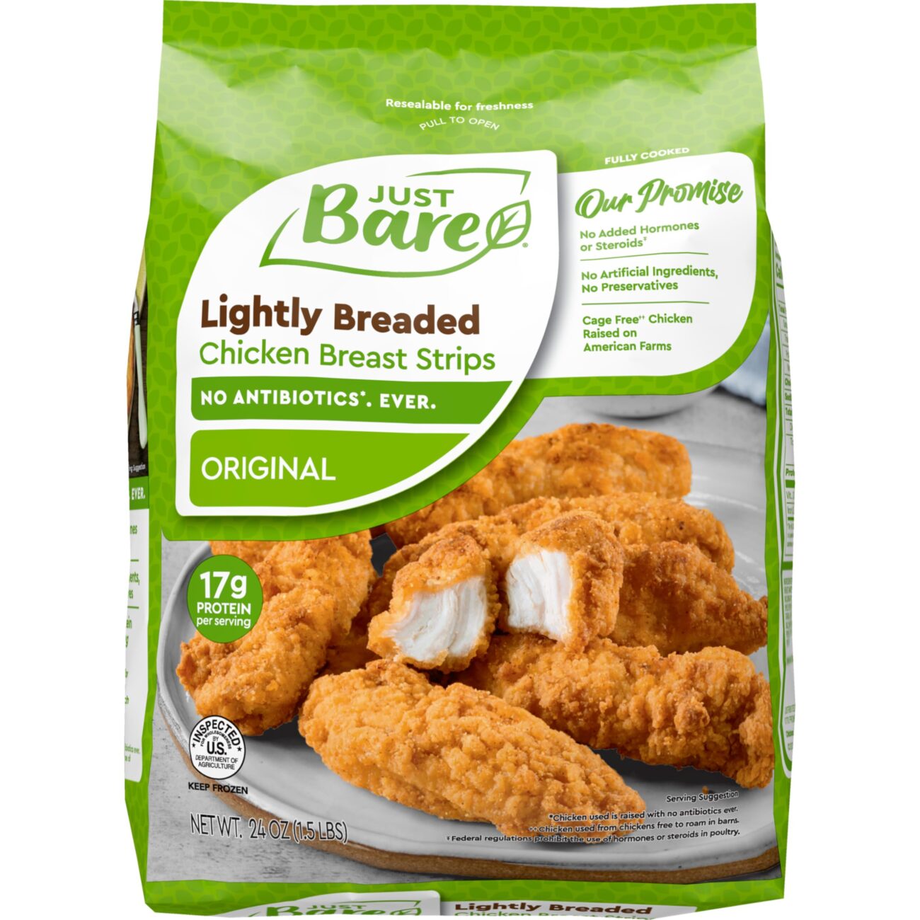 Best Price Just Bare Fully Cooked Lightly Breaded Chicken Breast Strips | 16g Protein | Frozen | 1.5 lb