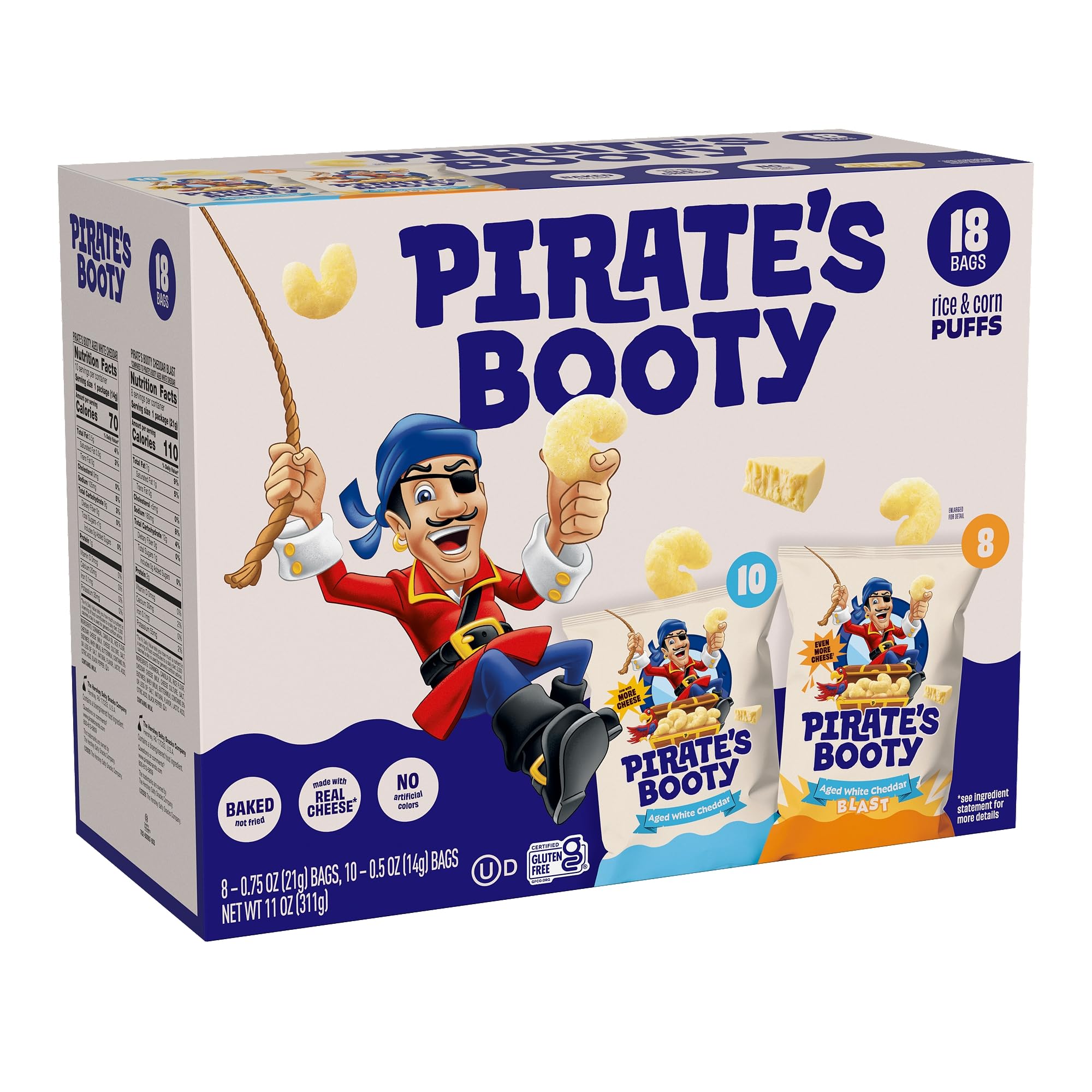 Best Price Pirate's Booty White Cheddar & Cheddar Puffs, Gluten Free Variety Pack, 18 Bags | Peanut & Tree Nut Free Kids Snacks, Aged White Cheddar & Cheddar Blast Cheese Puffs