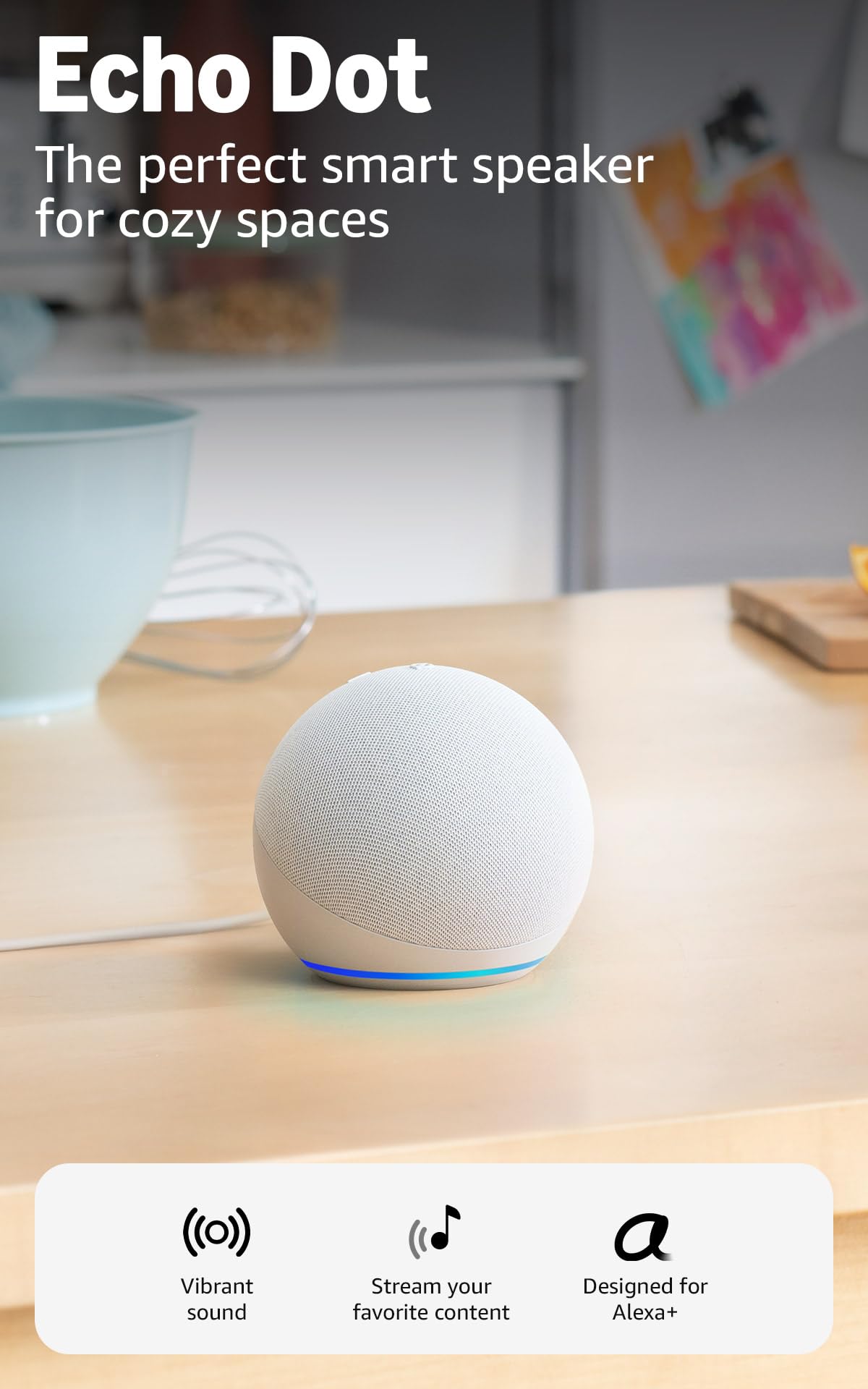 "Buy Amazon Echo Dot (latest model) – Rich Sound, Alexa-Enabled, Ideal for Bedrooms, Dining Rooms & Offices, Glacier White"
