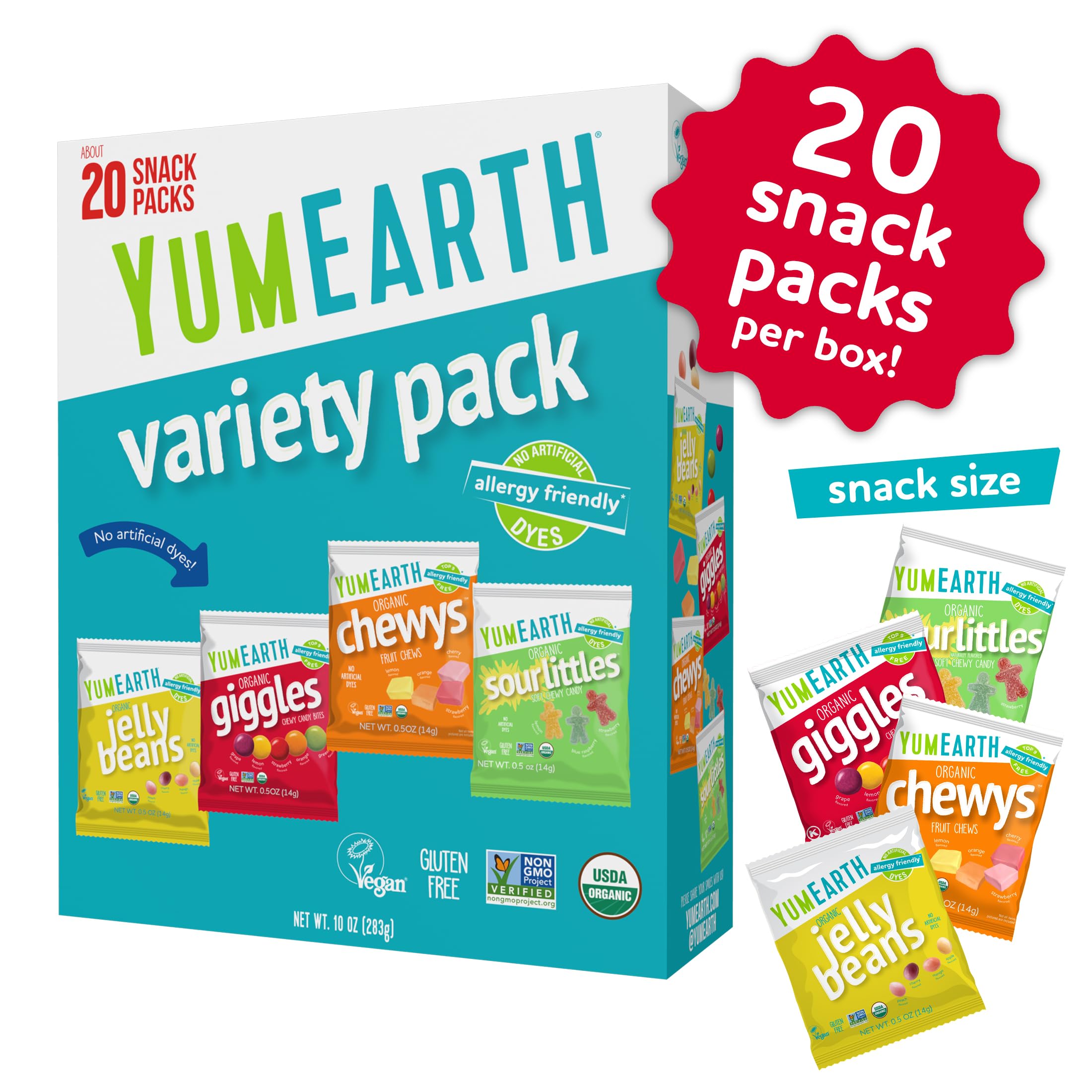 Best YumEarth Organic Variety Pack - Jelly Beans, Giggles, Chewys, Sour Littles - Allergy Friendly (Top 9 Allergen Free), No Artificial Dyes, Non-GMO, Gluten Free, Vegan - Ind
