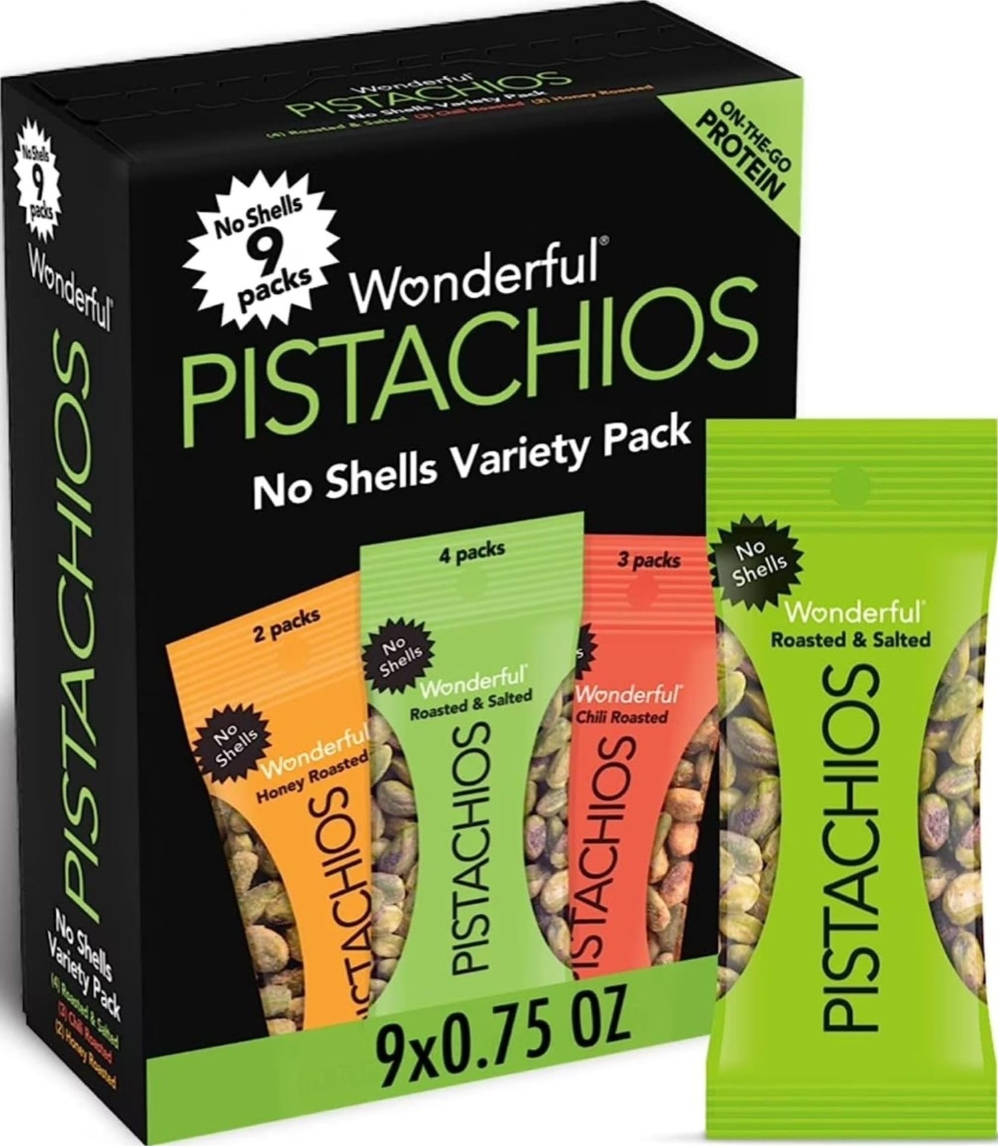 Top Rated Wonderful Pistachios No Shells, Roasted & Salted, 0.75 Oz (Pack of 9) | Protein Snacks, Gluten Free, Individually Wrapped, On-the-Go, Savory Office, Lunch