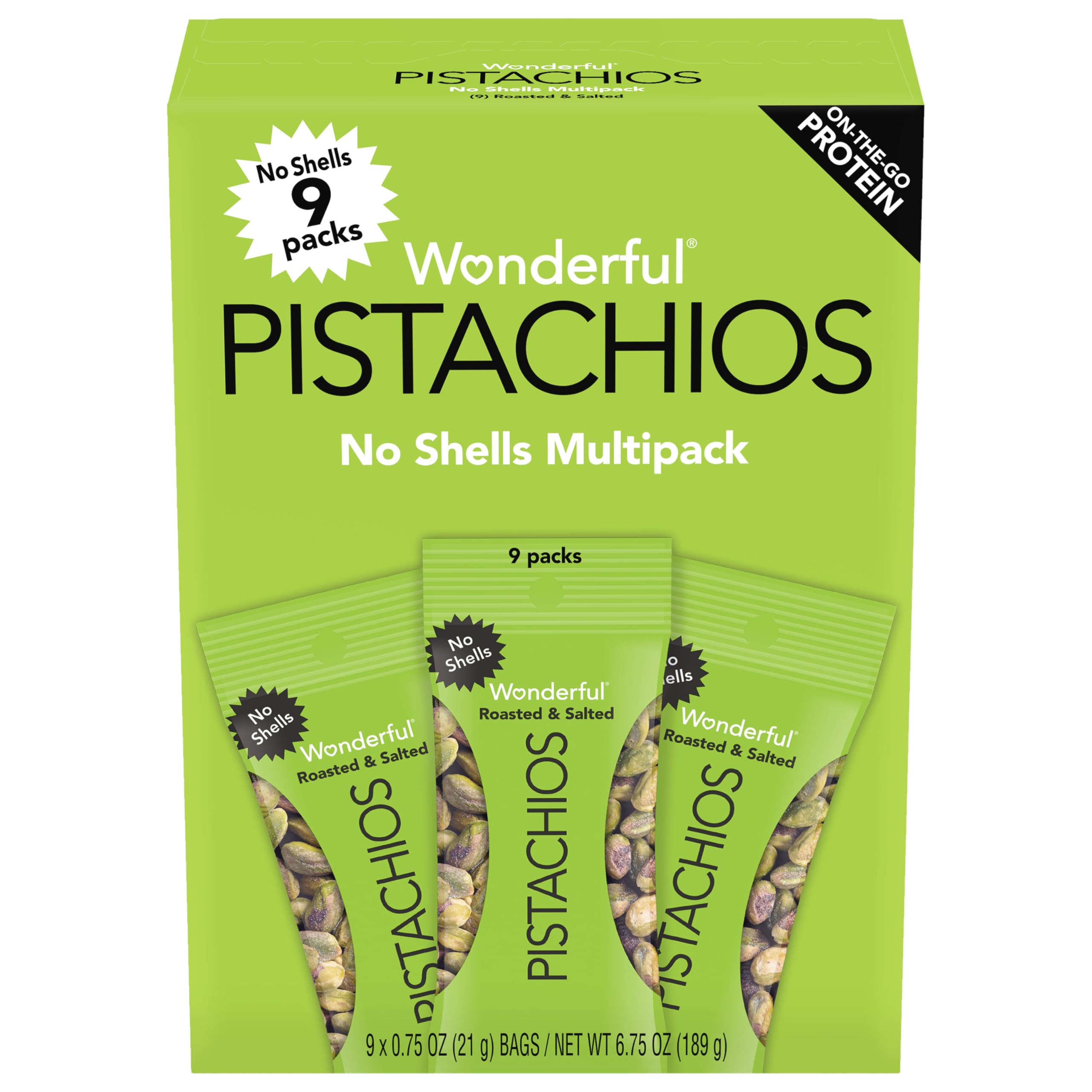 Top Rated Wonderful Pistachios No Shells, Roasted & Salted, 0.75 Oz (Pack of 9) | Protein Snacks, Gluten Free, Individually Wrapped, On-the-Go, Savory Office, Lunch